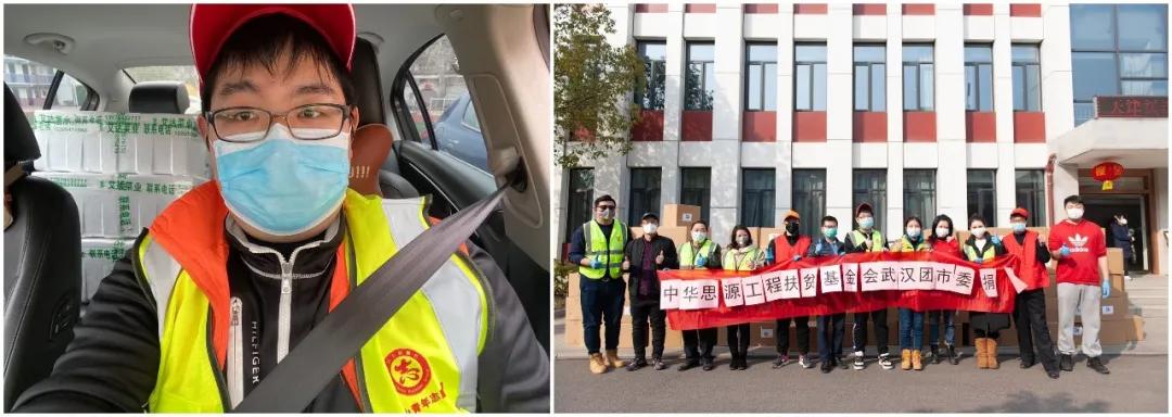 左圖：10輛轎車(chē)后座和后備箱堆滿了菜，出發(fā)送給社區(qū)；右圖：各位志愿者協(xié)助接收消毒防護(hù)物資